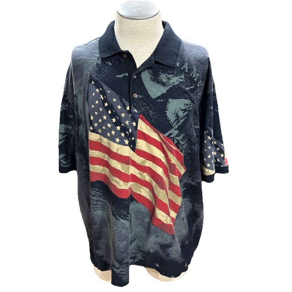 Cotton Trader Sport Mens Polo Shirt 2XL XXL American Flag Eagle Short Sleeves